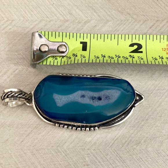 925 sterling silver overlay charm blue geode agate slice gemstone boho necklace - Picture 14 of 15